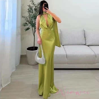 Customized Green Halter Neck Mermaid Satin robes de soirée Long Silk Scarves  2025