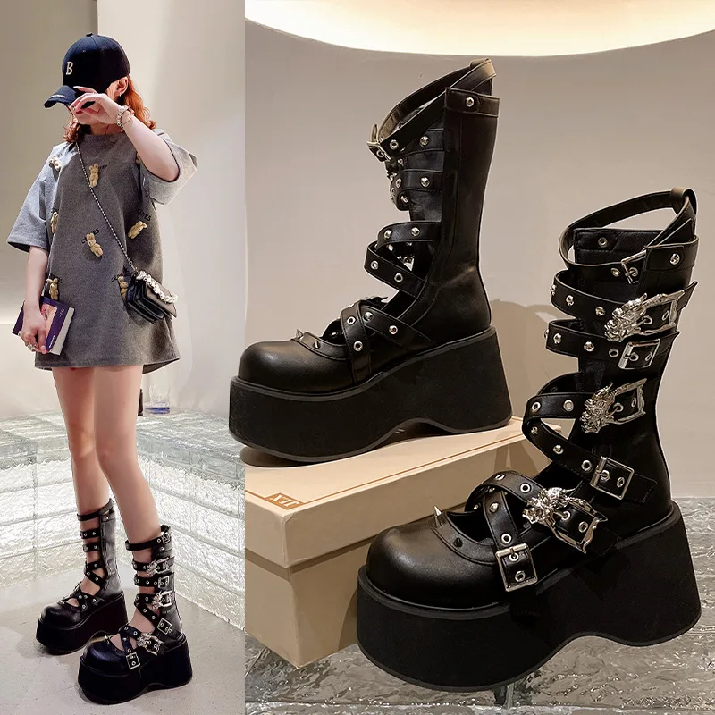 

Black Women's Shoes Block Heel Heels Luxury Grade Goth Thick Bottom High Woman Ladies Pumps Super Platform Elegant Punk Shoe