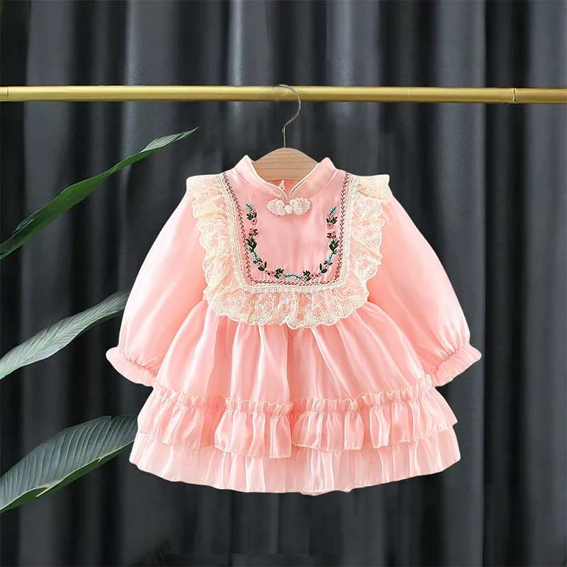 Baby Girl Dress Spring And Autumn Flower Pattern Solid Color Lace Edge Fluffy Baby Dresses Cute Casual Girl Kid's Dress