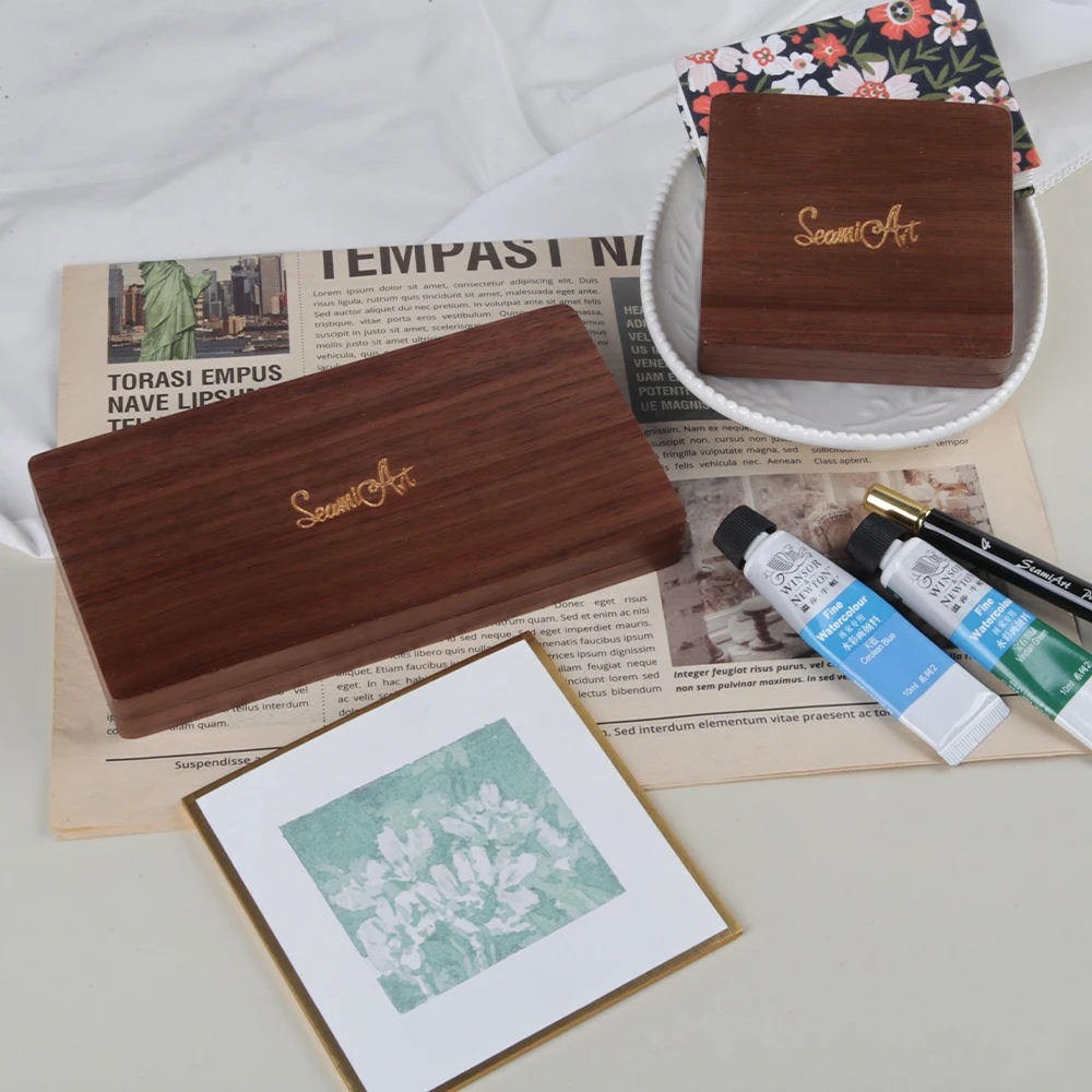 SeamiArt 1pc Black Walnut Wood Rectangle Painting Box with Palette Half Pans for Watercolor Subpackage Storage Art Supplies 5