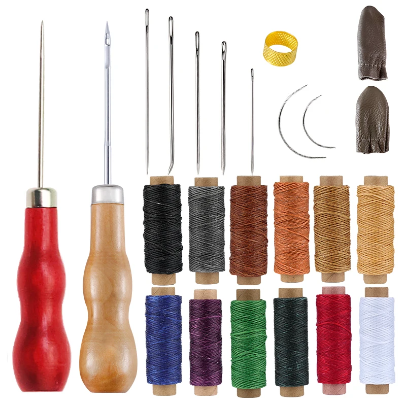 

RORGETO Leather Sewing Kit Craft Awls Wax Thread Hand Quilting Needle Thimble Finger Cot DIY Working Repair Stitching Tools