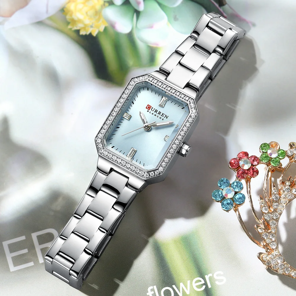 CURREN Luxury Brand Watches for Women Simple Rectangular Dial with Sparkling Rhinestones Casual Quartz Wristwatch with Luminous 2