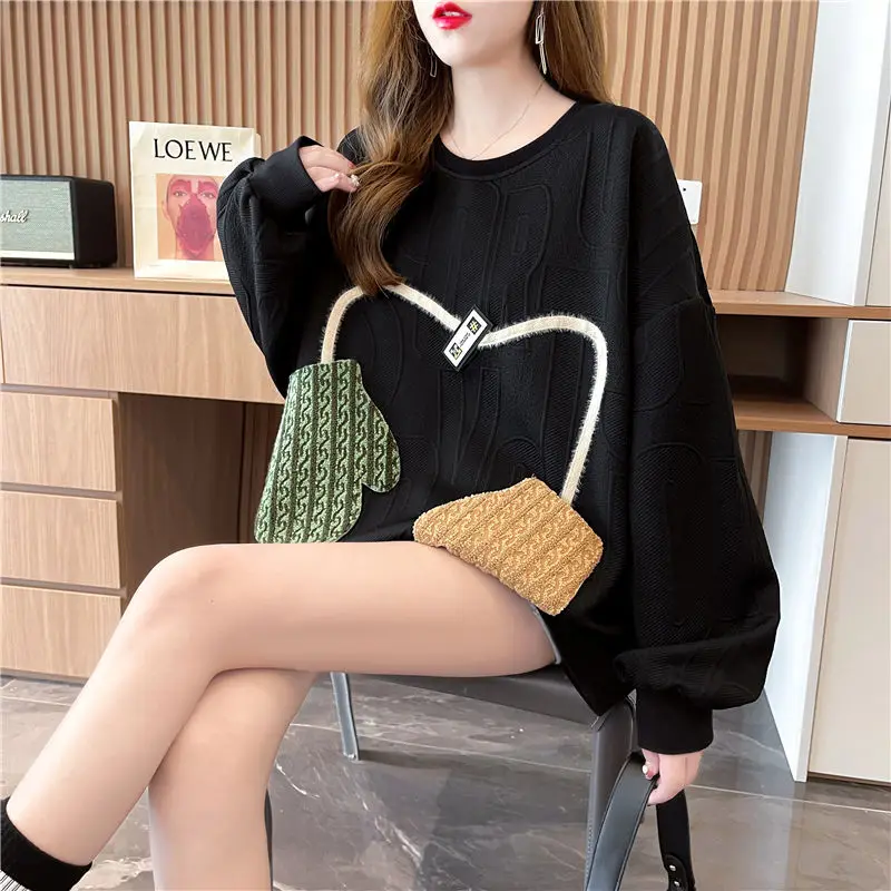 Fashion Korean Pockets Spliced Women's Sweatshirts Thick All-match Long Sleeve Loose O-Neck Tops Autumn Winter Female Clothing