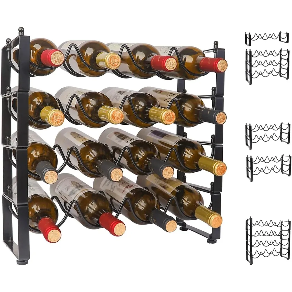 

4 Tier Wine Rack, 3-in-1 16 Bottles Wine Storage, Bottle Rack Stackable, Wine Storage Rack for Cabinet Pantry(Dark Black, V