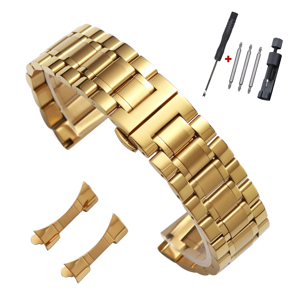 Curved End Solid Stainless Steel Watch Bracelet with Butterfly Buckle - Multiple Sizes Available