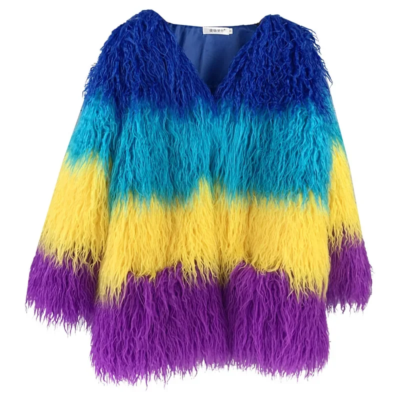 European and American Fur Imitation Beach Wool Medium Length V-neck Gemstone Sky Blue Yellow Purple Contrasting Fur Patchwork