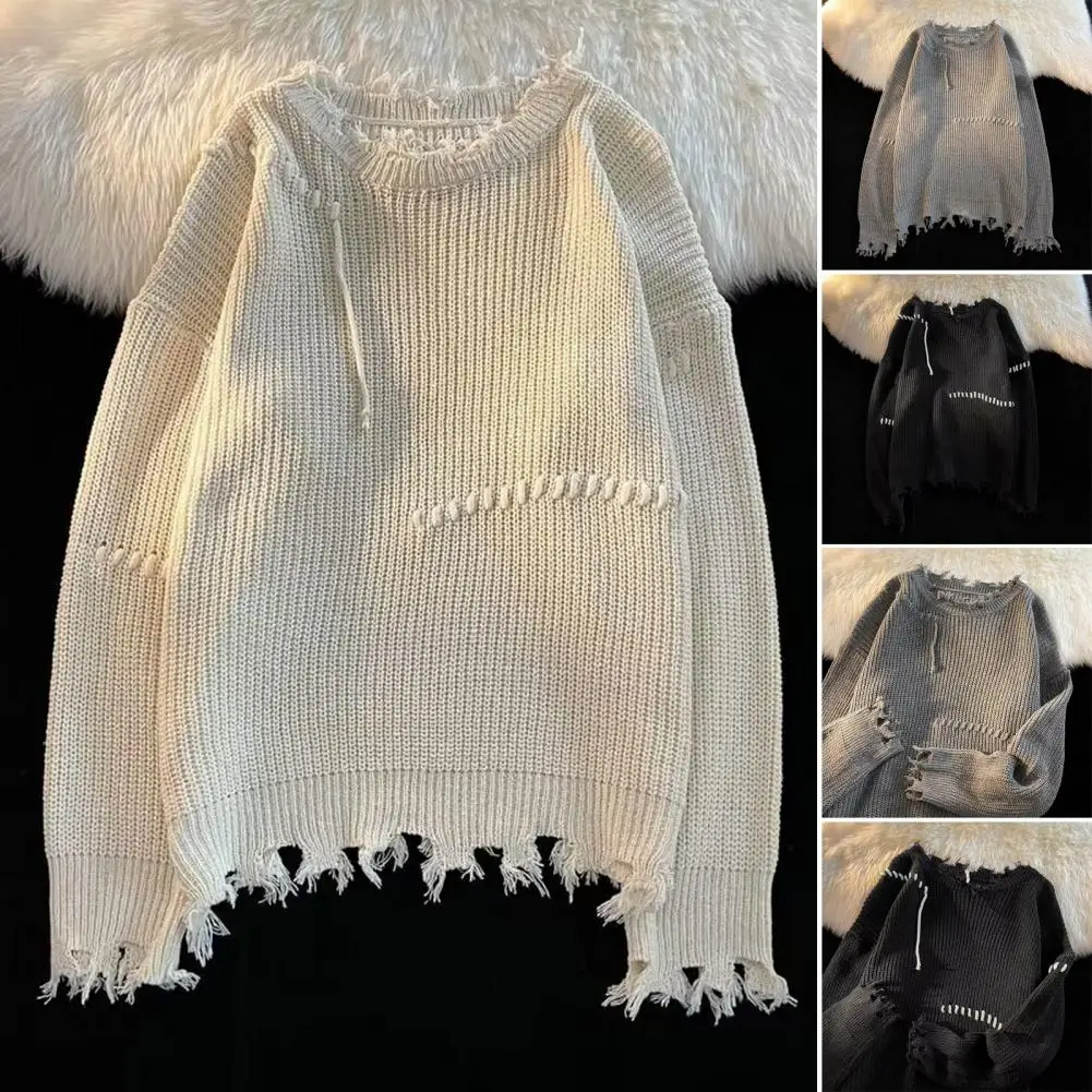 2023 Autumn Winter Men Pullovers New Fashion Knitted Sweater Warm Cotton Blend Ripped O-neck Loose Sweaters Casual Male Clothes