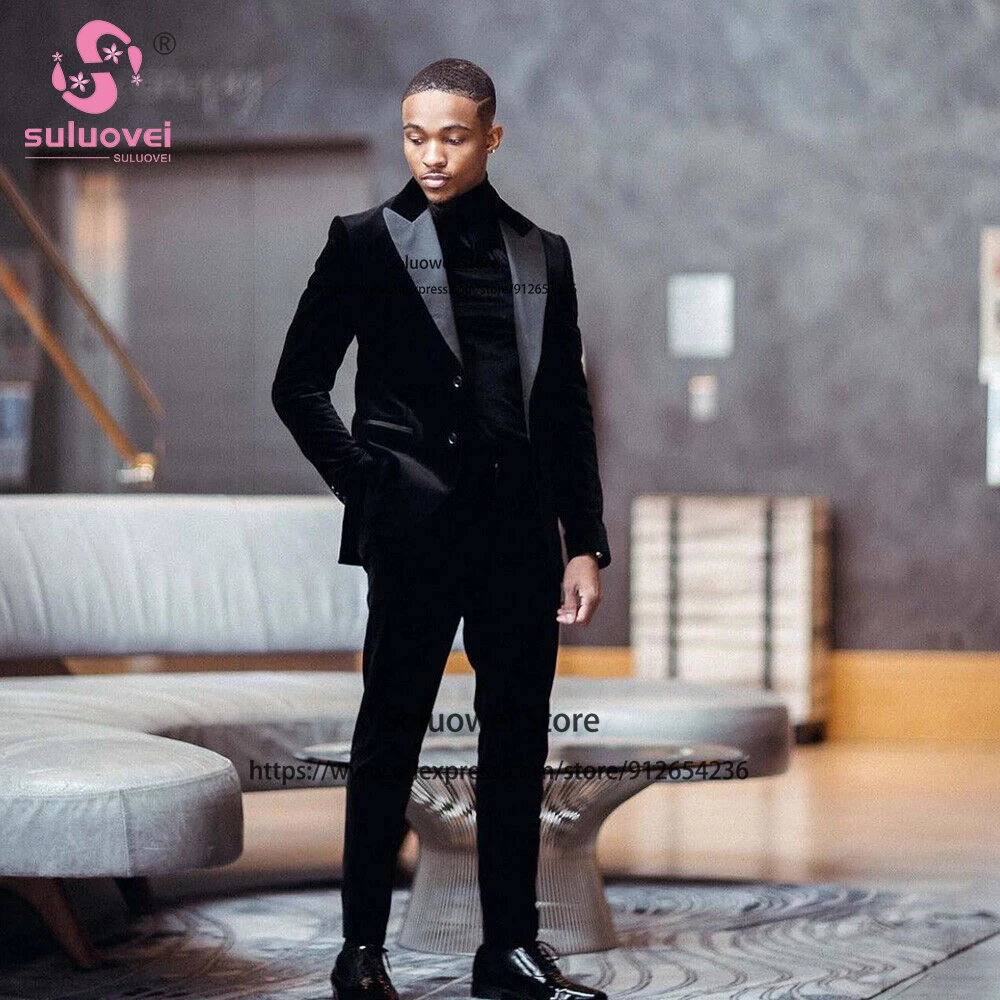 Fashion Black Velvet Suits For Men Slim Fit 2 Piece Pants Set Formal African Grooms Wedding Peaked Lapel Tuxedo Blazer Masculino