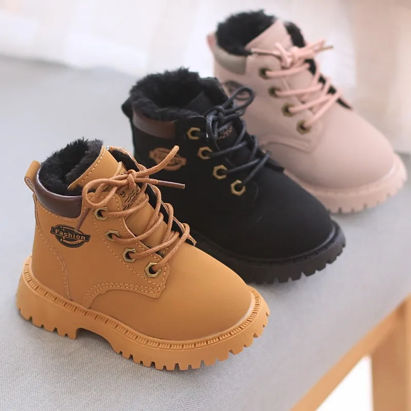 

Children's Short Boots Winter New British Vintage Martin Boots Boys Girls Foreign Add Fleece to Thicken Outdoor Leather Boots