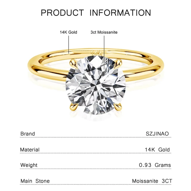 Bague en diamant Moissanite en or 14K, 9mm, 3CT, 100% Au585, coupe ronde pour femmes, bijoux d'anniversaire de mariage, de fiançailles, cadeau