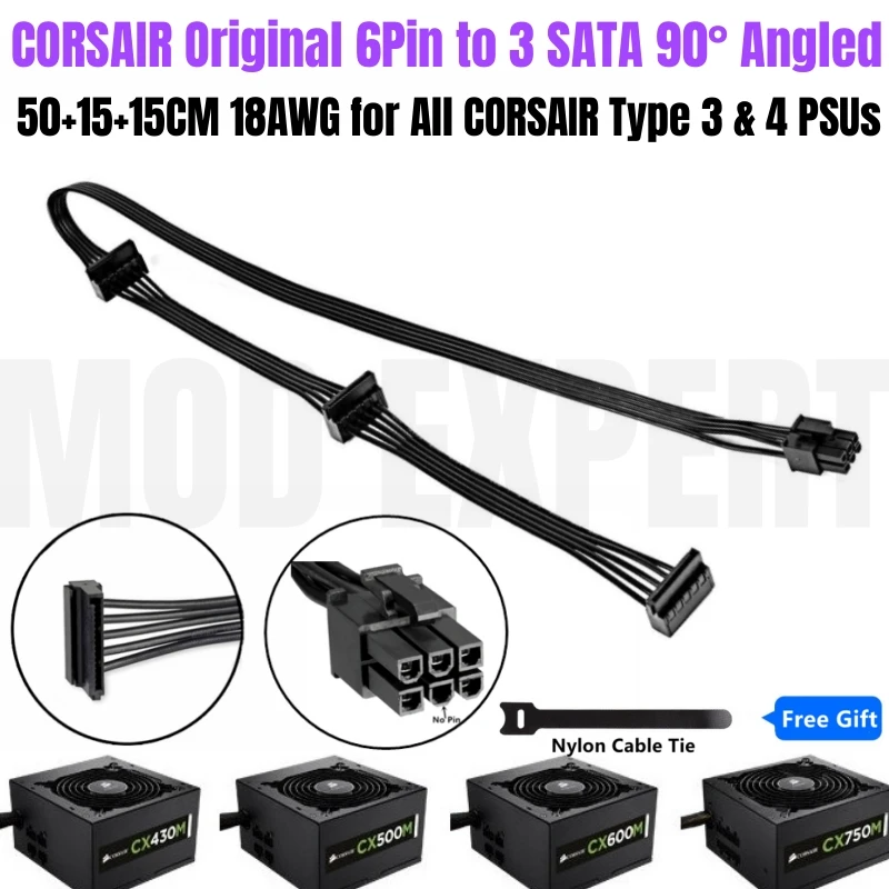 Фото Оригинальный угловой SSD жесткий Диск Corsair 3 SATA карта питания кабель для CX430M CX500M CX600M CX750M CX850M модульная мощность №1