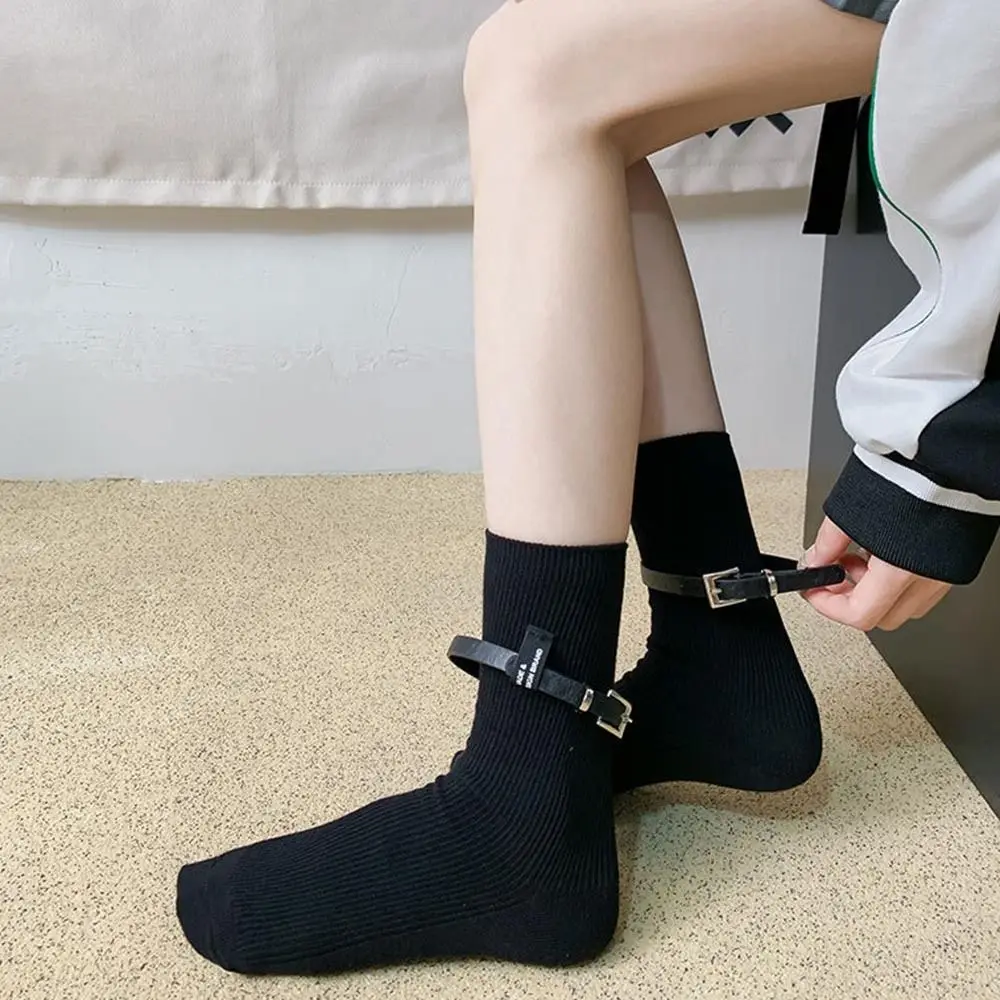 

Cotton Women's Socks Boneless Stitching with Belts Mid-calf Socks Solid Color Sweat Absorbent Korean Style Short Socks Female