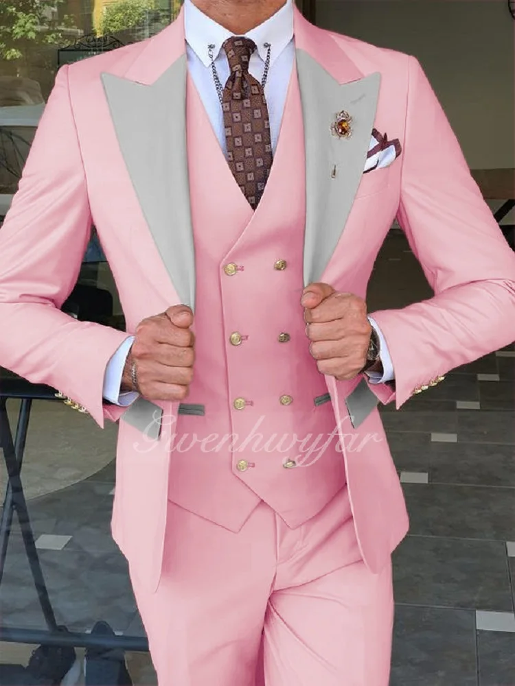 Gwenhwyfar Made Classic Peach Groom Tuxedo Groomsmen Gold Buttons Shawl Lapel Best Man Suit Wedding Men's Blazer Costume mens suit