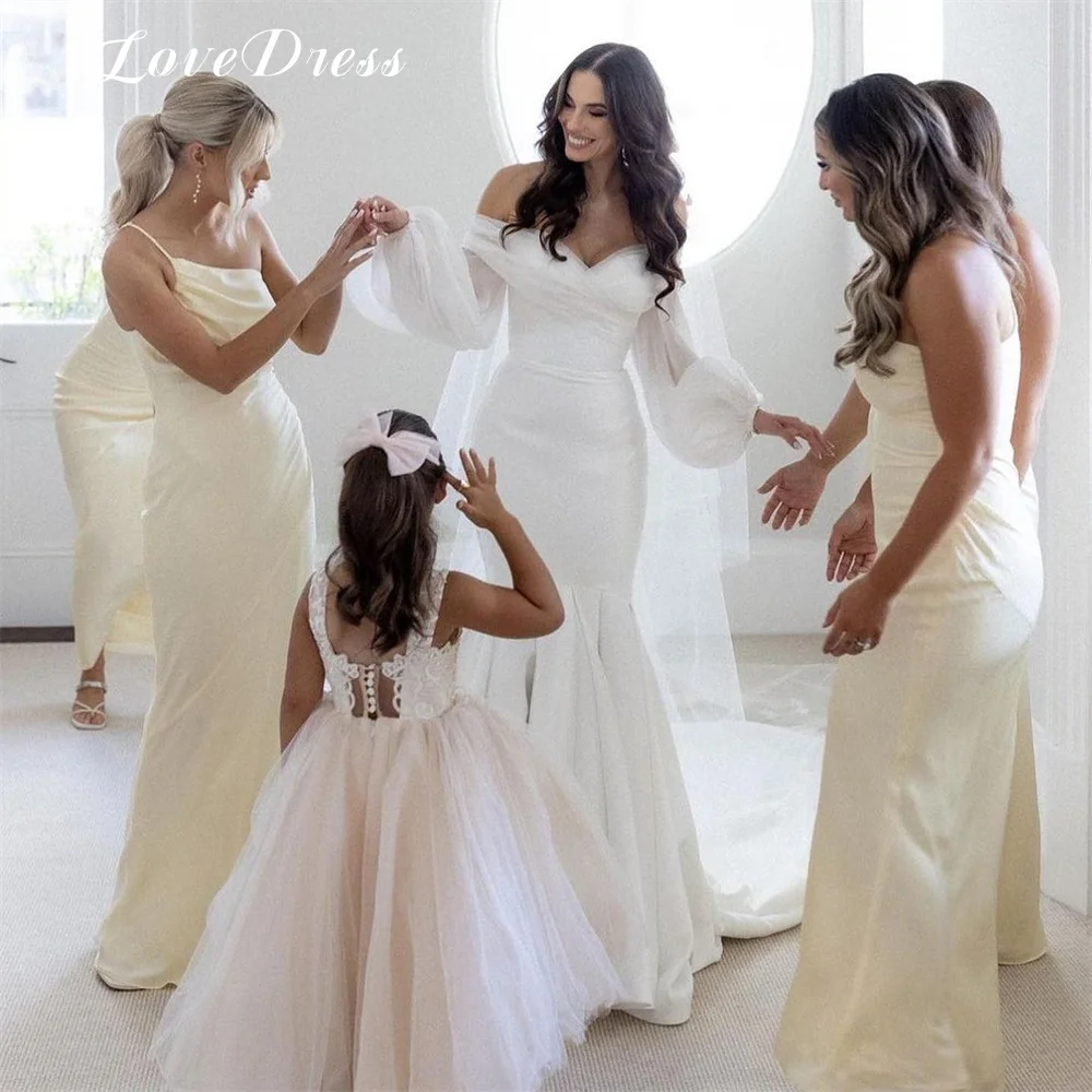 Женское свадебное платье с открытыми плечами, фатиновое плиссированное платье до пола с пышными рукавами