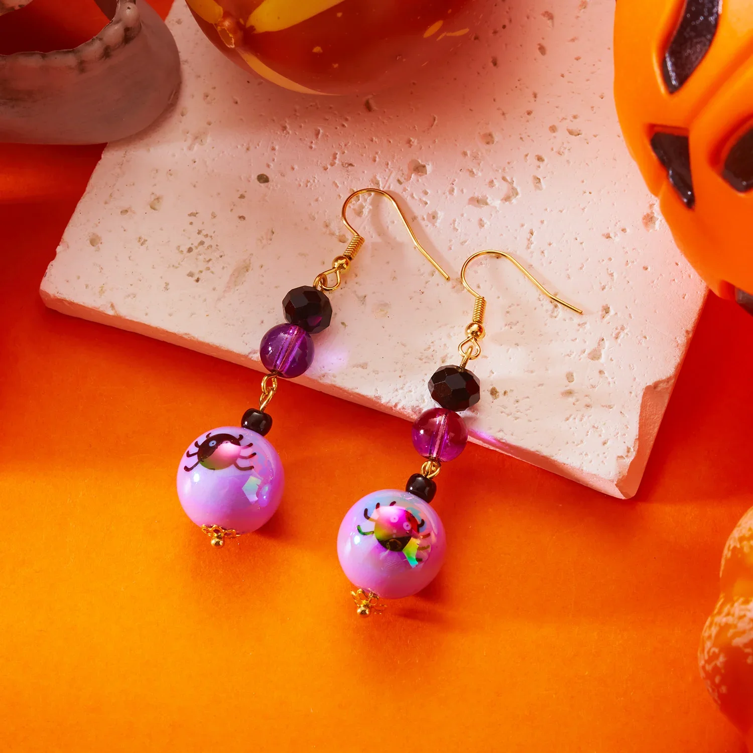 Einfache Halloween Acryl Tropfen Ohrringe für Frauen Cartoon Zirkon Geist Kürbis Spinne Schädel Fledermaus Kristall Anhänger Ohrring Schmuck – Detail 6