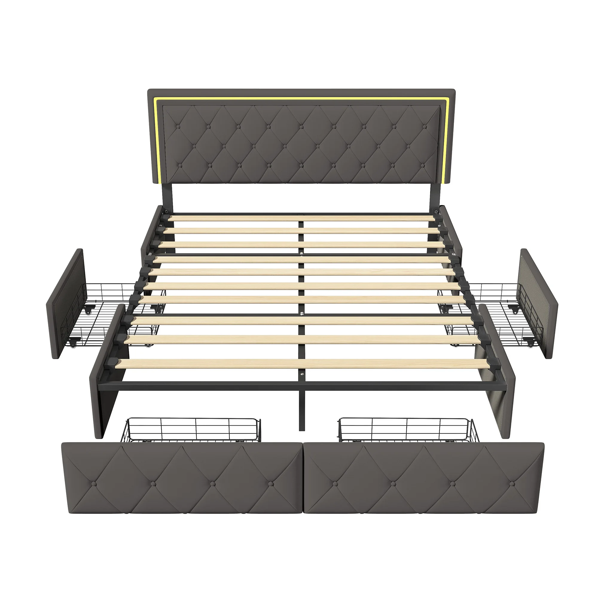 Anajqaqia Doppelbettgestell, Gepolstertes Bett mit Stauraum, 4 Schubladen, LED-Beleuchtung, UP-Stoff-Kopfteil – Detail 5
