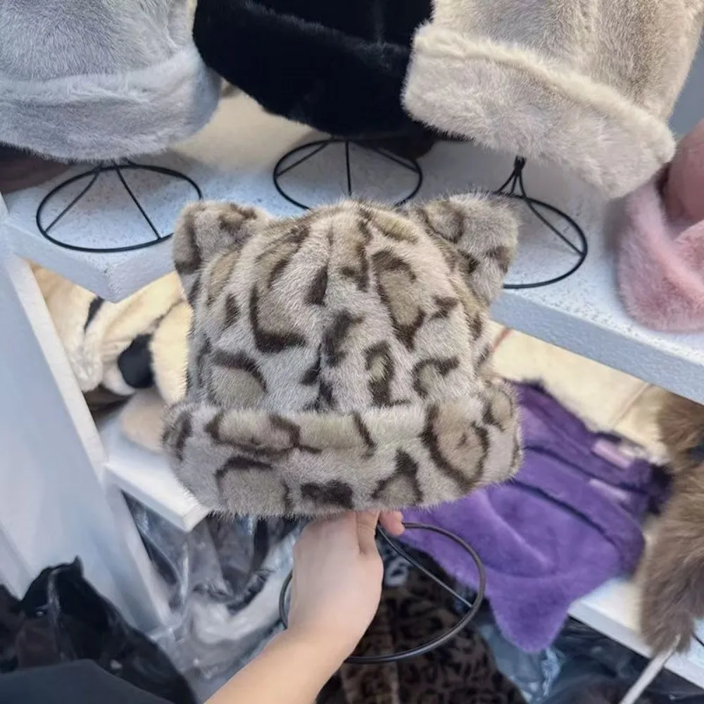 Retro Herbst Winter Fischer Hut Plüsch Warme Becken Hut Leopard Print Katze Ohr Mongolischen Hut Ohr Schutz Hut – Detail 3