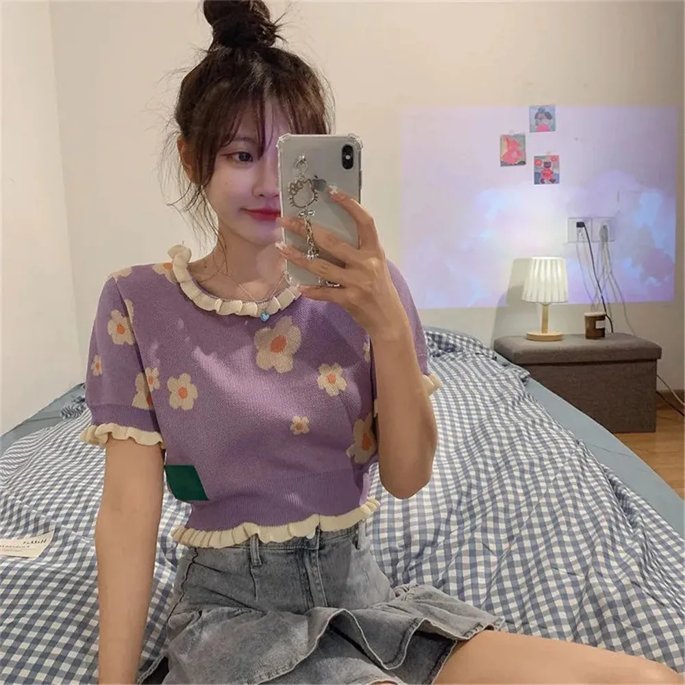 

Knitted Ruffle Short T-Shirts Women Sweet Flower Thin Chic Summer Preppy Korean Patchwork Female Casual Slim Inside Basic Tops