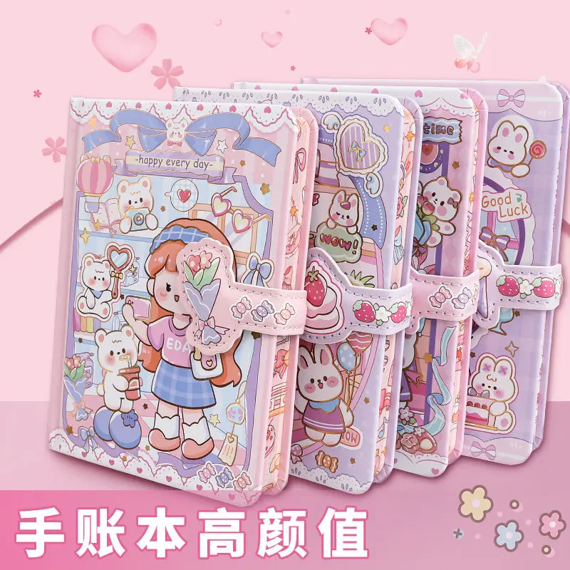 4 BooksCute Magnetic Buckle Hand Ledger High-value Girl Diary Portable Notepad Set Book Cartoon Anime Notebook
