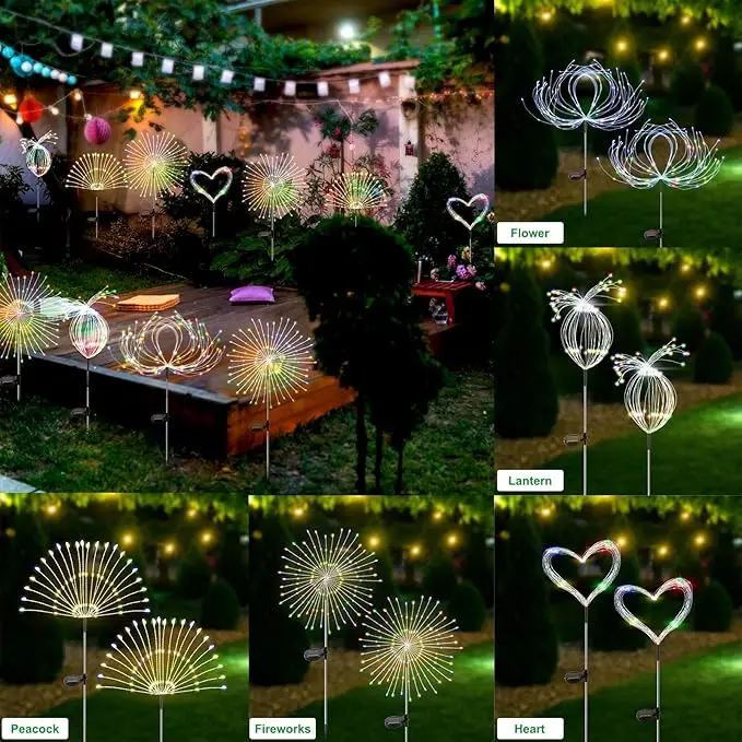 Solar Outdoor Firework Lights 200 LED Waterproof 2 Modes Decorative for Party Garden Footpath