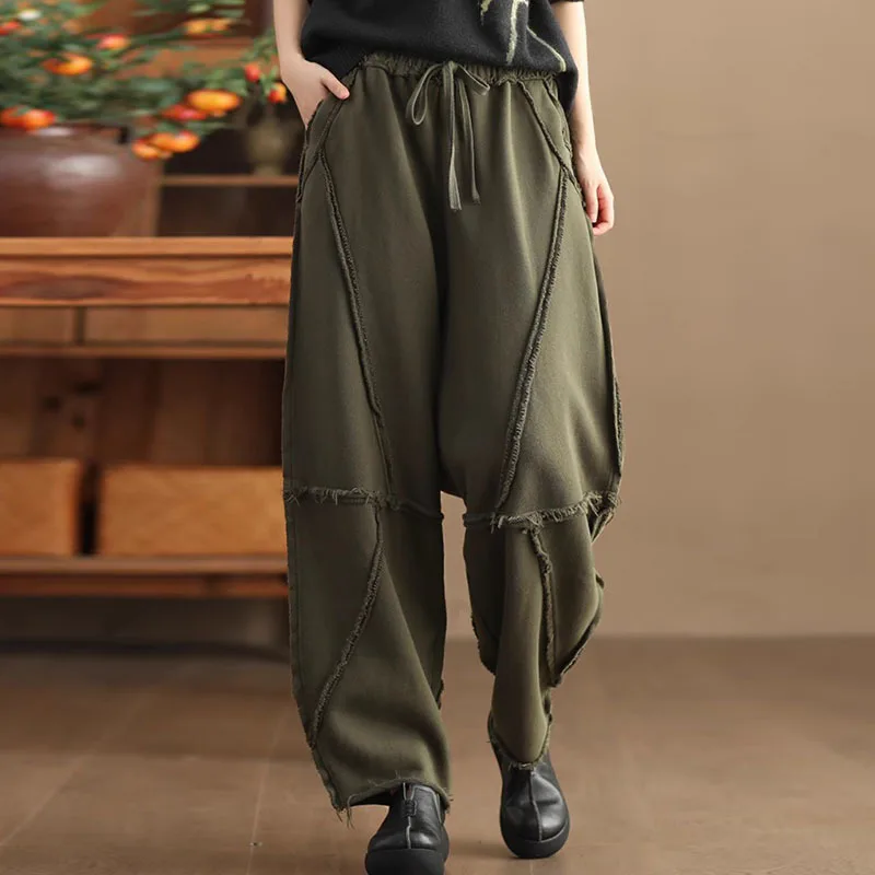 

NINI WONDERLAND 2023 Autumn Cotton Spliced Casual Pants Women Elastic Waist Loose Harem Pants Female Patchwork Vintage Trousers