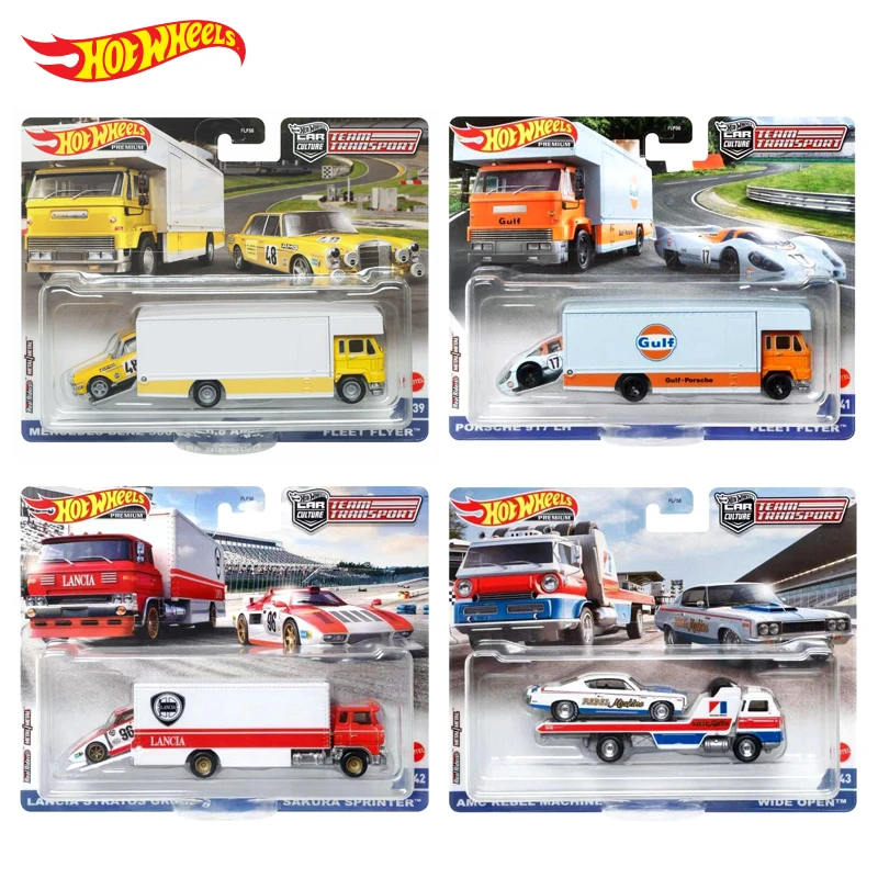 Original Hot Wheels Premium Car Culture Team Transport Diecast 1/64 Porsche Gulf Lancia AMC Cargo Truck Model Toys for Boys Gift