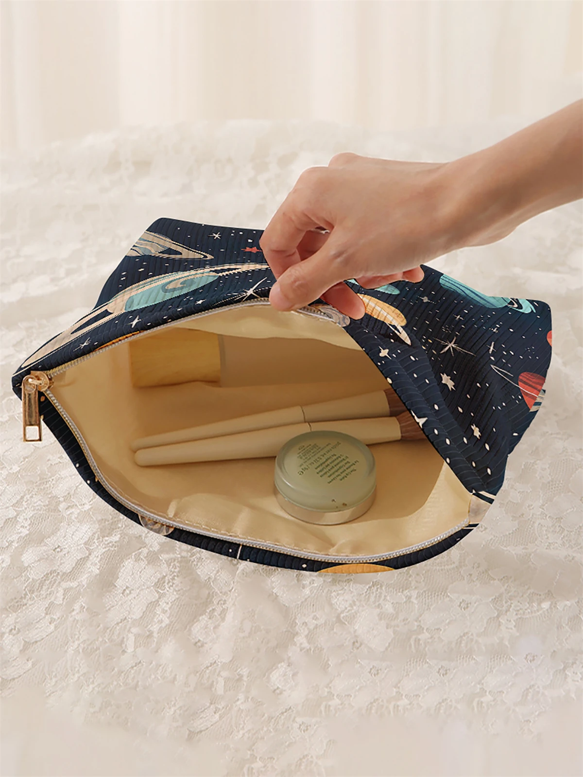 1 planet patterned corduroy makeup bag, lightweight zipper makeup storage box, multifunctional bag with lining