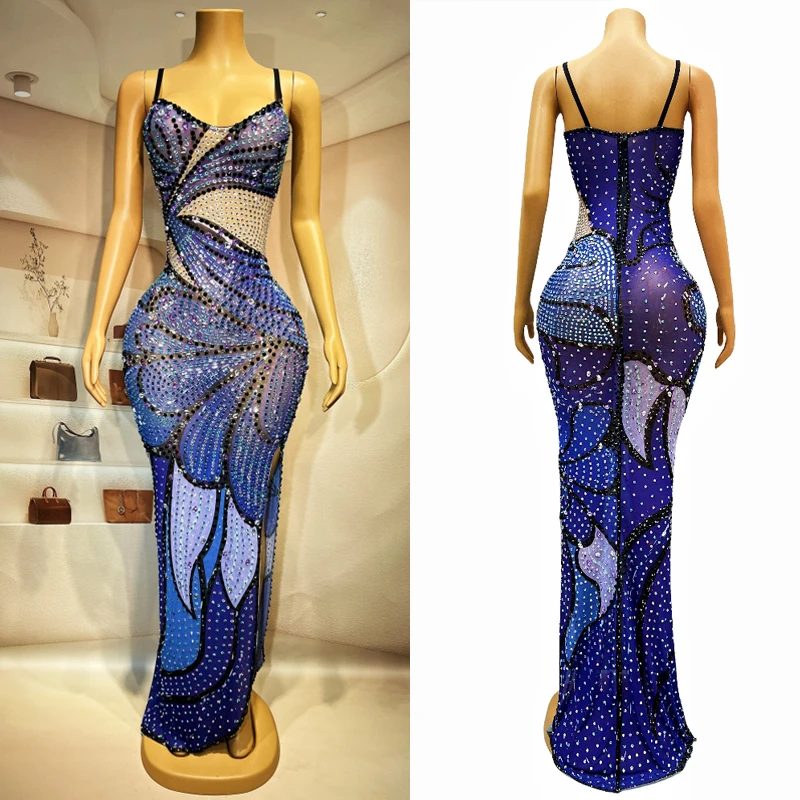 

Full Rhinestones Evening Dress Women Birthday Celebrate Costumes Wedding Party Dresses Stage Catwalk Festival Outfit XS7267