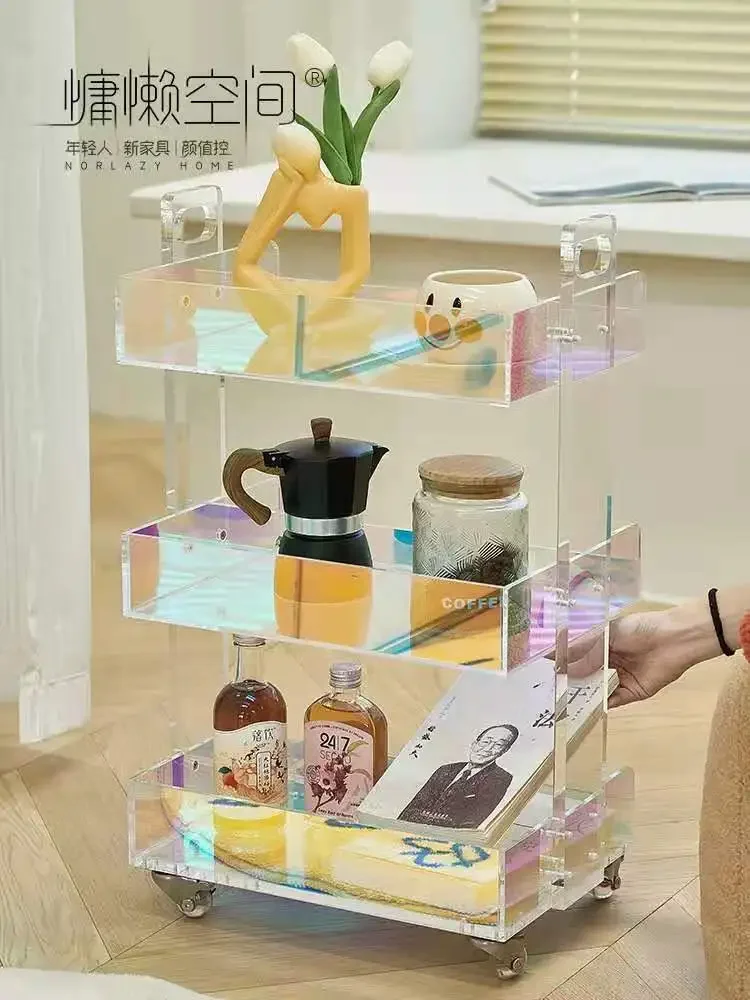 Rotatable Rainbow Luxury Acrylic Living Room Sofa Side Edge Coffe Table Transparent Mobile Tea Table Trolley Storage Rack