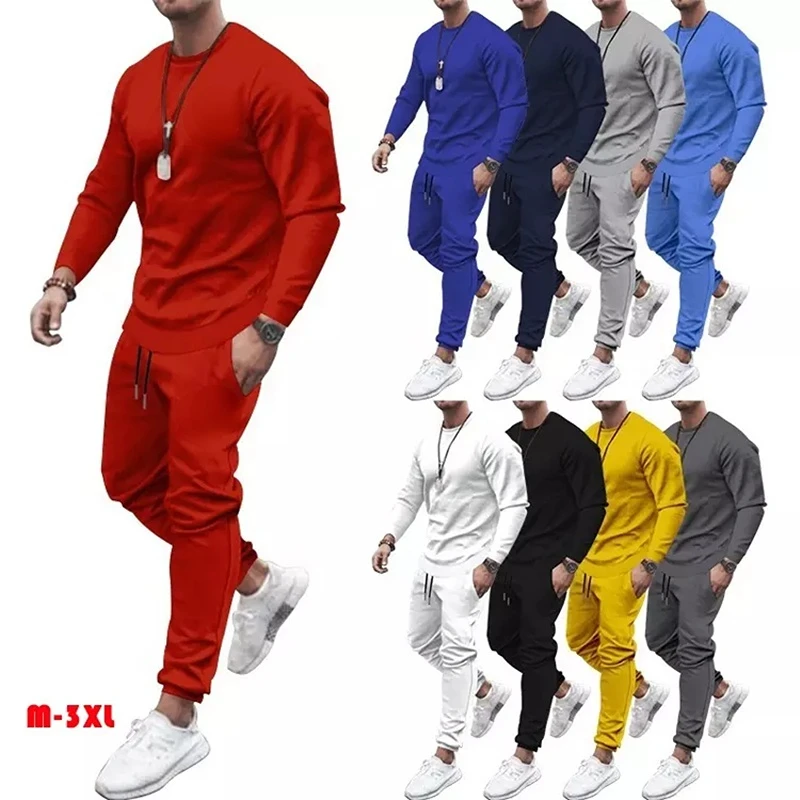 Men Tracksuit Solid Color Round Neck Sweatsuit and Joggers Pants 2 Pieces Set Spring Autumn Casual Fitness Male Tracksuit