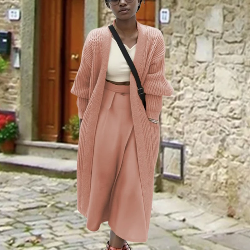 

Simple Solid Pocket Straight Cardigan Office Lady Elegant Sweater Outwear Fashion V-neck Long Sleeved Pit Striped Knitted Coat