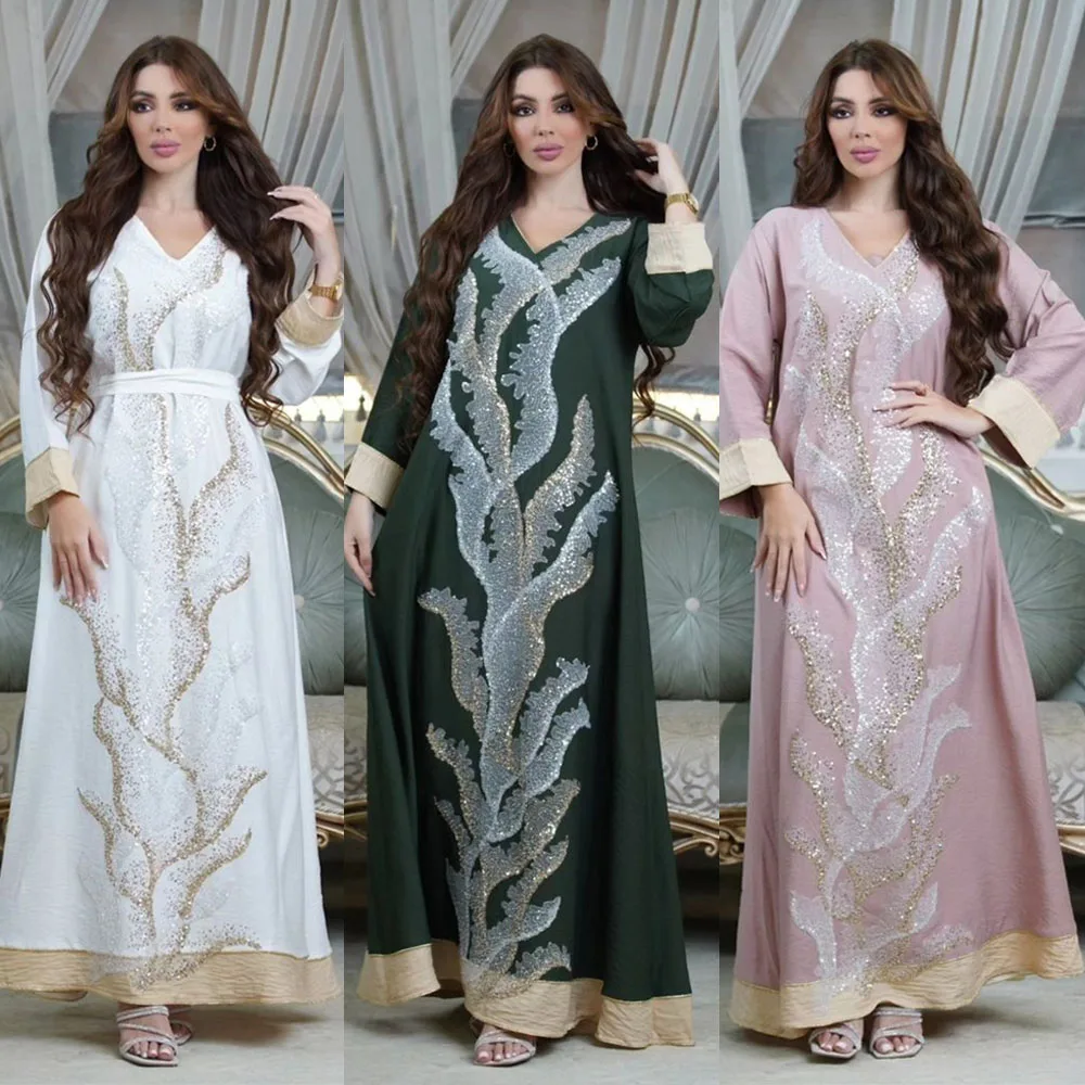 

Women Muslim Squins Maxi Party Dress Eid Mubarak Djellaba Morocco Kaftan Dubai Abaya Turkey Robe Islamic Clothing Gulf Jalabiya