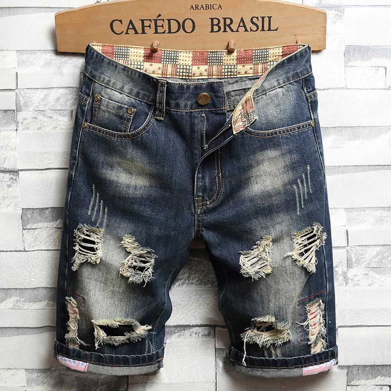 Large size denim shorts retro ripped slim men's five quarter pants with cloth medium pants ripped jeans 28-40