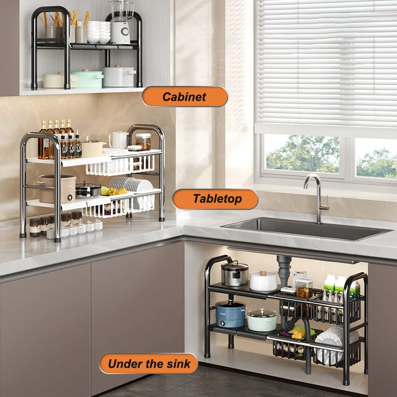 Kitchen Under Sink Adjustable Pot Rack Multifunctional Dish Pans Storage Rack Countertop Basket