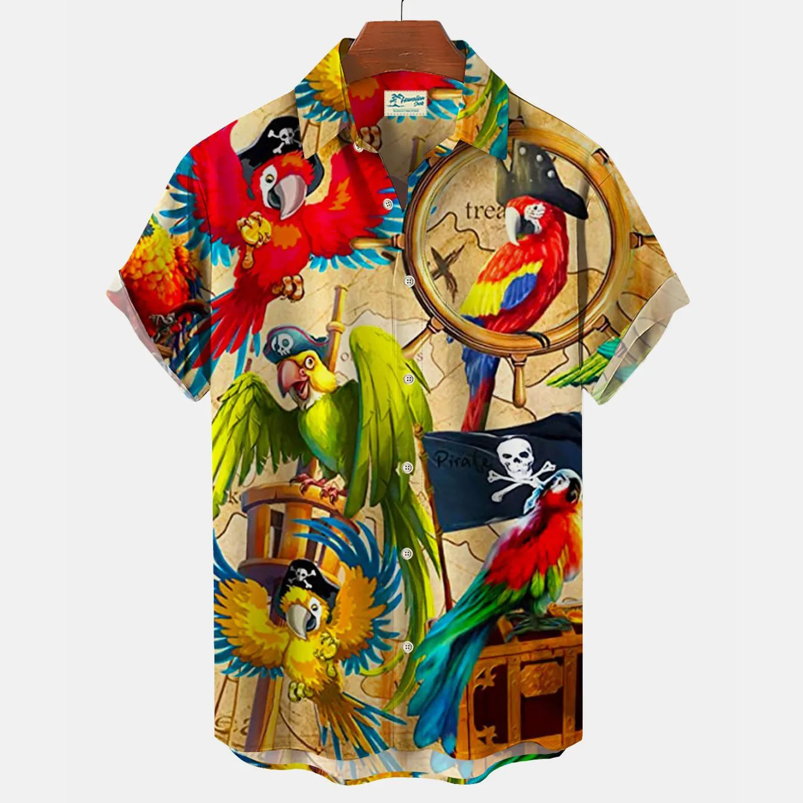 thumbnail image 1 of Camisa hawaiana de manga corta con estampado floral de loro en 3D de verano para hombre, blusa de moda con un solo pecho para hombre, 1 of 5