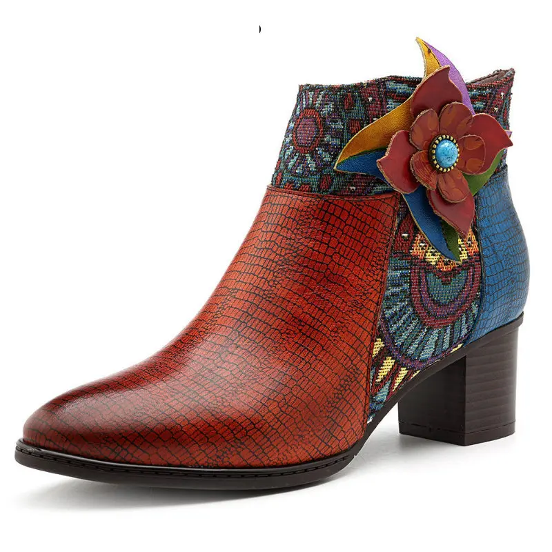 

5cm Jacquard New In Women Boots Cloth Cow Genuine Leather Warm Elegance Plus Size Autumn Spring Ankle Plush Winter Shoes