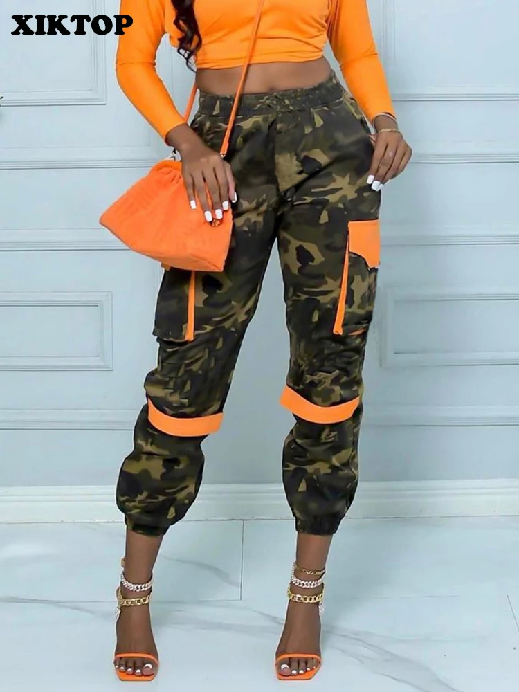 

XIKTOP Panelled Camouflage Pants Women 2023 Stylish Pockets Patchwork Pencil Trouser Casual All-Matching Streetwear Hipster