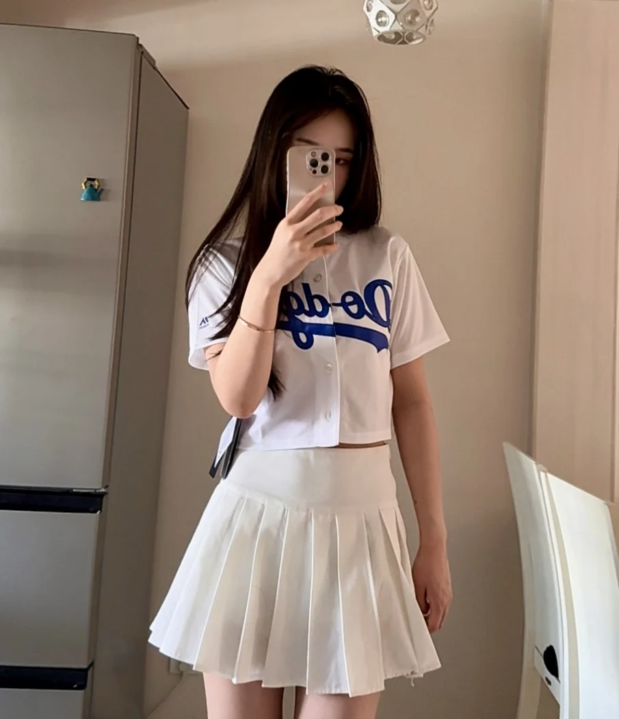 여성용 야구 저지 반소매 크롭 탑 퍼포먼스 치어리딩 패션 스포티 스타일 로스앤젤레스 다저스 민소매 매운 소녀 의상