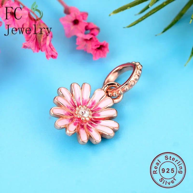 Fc Jewelry Fit Original Pan Charms Bracciale 925 Argento Oro Rosa Fiore Smalto Rosa Margherita Ciondolo Bead Making Berloque 2024