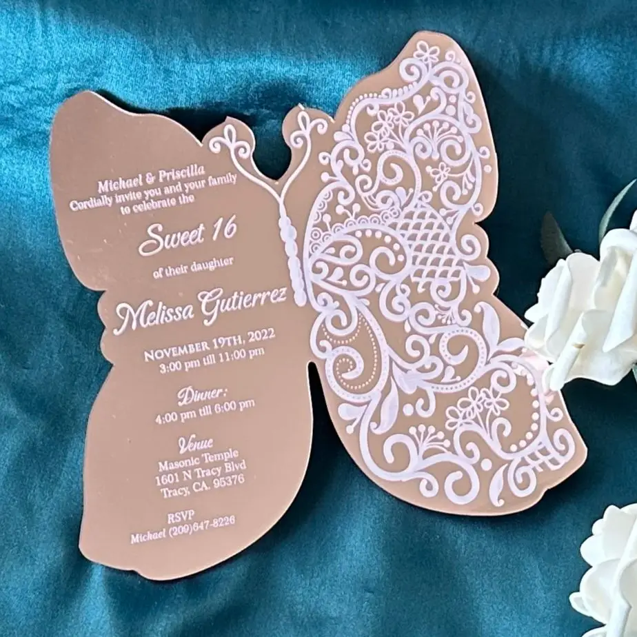 

10pcs Custom Acrylic Wedding Invitation Gold,Blue Acrylic Quinceanera Invitation Personalized Birthday Party Favor Decoration