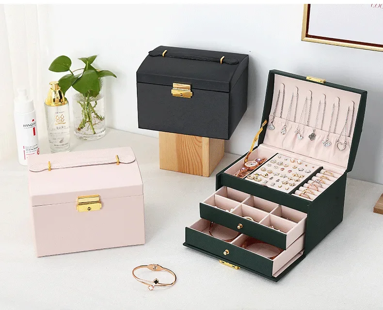 1 Three-layer Large Capacity Beaded Pearl Necklace Bracelet Ring Box Necklace Box Watch Storage Box Jewelry Earrings Box 01