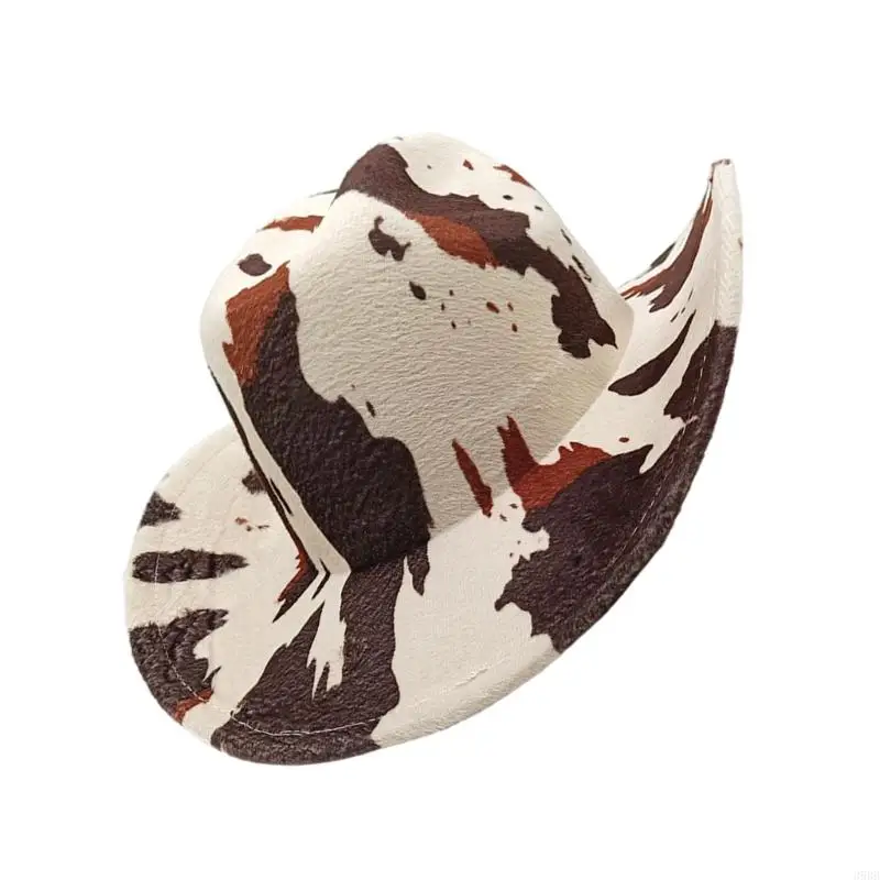 652F Western Styles Hat Roll Trim Cowgirls Fedoras Wide Brims Hat with Leopard Pattern for Outdoor Activity and Cosplay Party