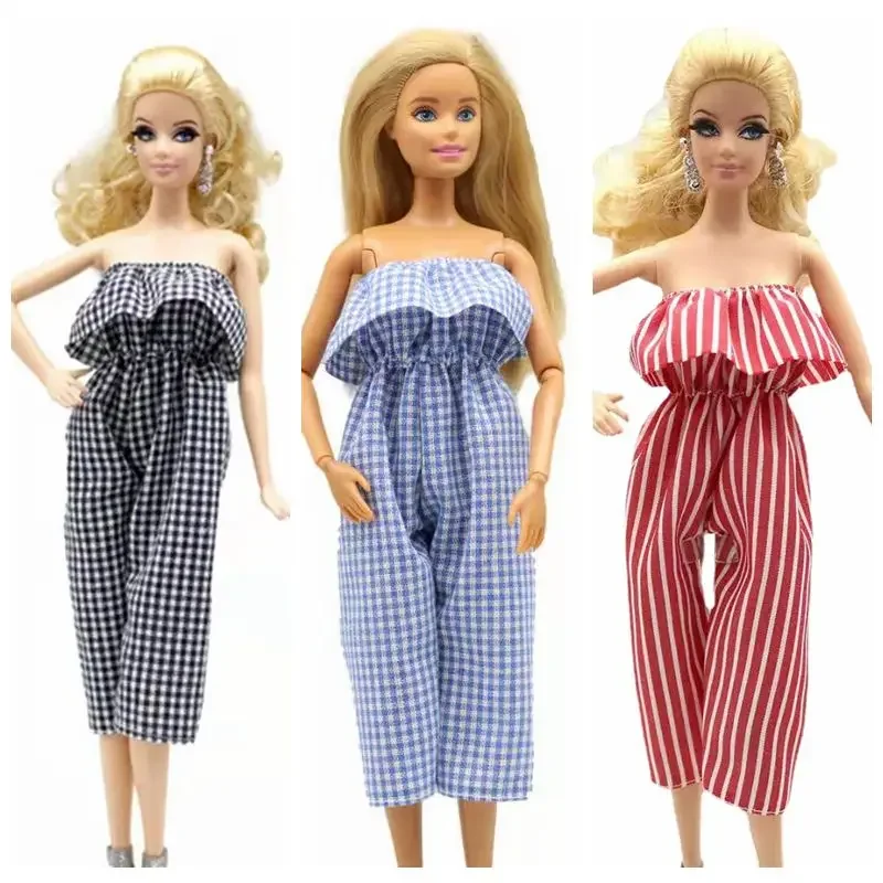 11 5 cosplay shirt ripped jeans jumpsuit pants 1 6 bjd doll clothes for barbie accessories outfit top 2 pcs/lot Fashion Plaid Off Shoulder Jumpsuit 1/6 BJD Clothes For Barbie Doll Clothes Striped Outfits 11.5