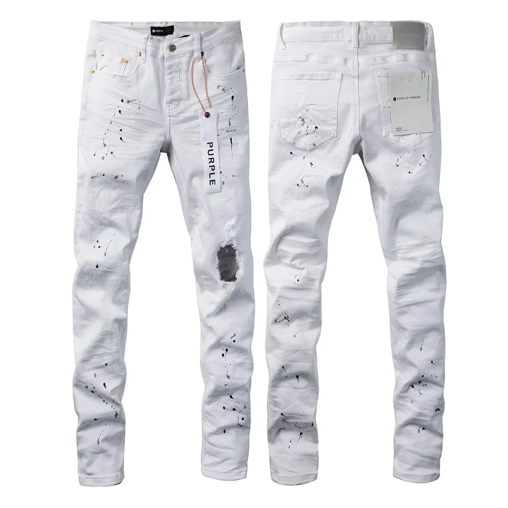 

White Purple Brand Jeans for Men Distressed Slim Fit Paint Graffiti High Street Destroyed Holes Denim Long Pants Trousers