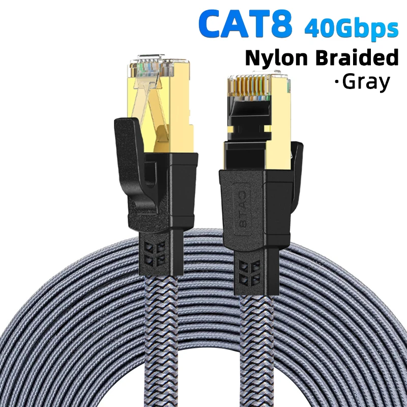 High-Speed CAT 8 Ethernet Cable - Nylon Braided Flat Internet Network Patch Cord, Shielded, 40Gbps, Various Lengths Available