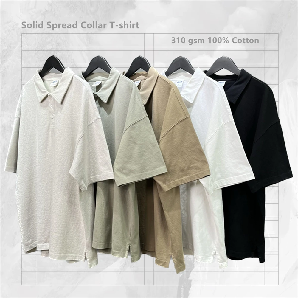 

Solid Spread Collar T-Shirt Side Slits Relaxed Fit Raglan Tee 310 GSM Heavy Cotton Tops