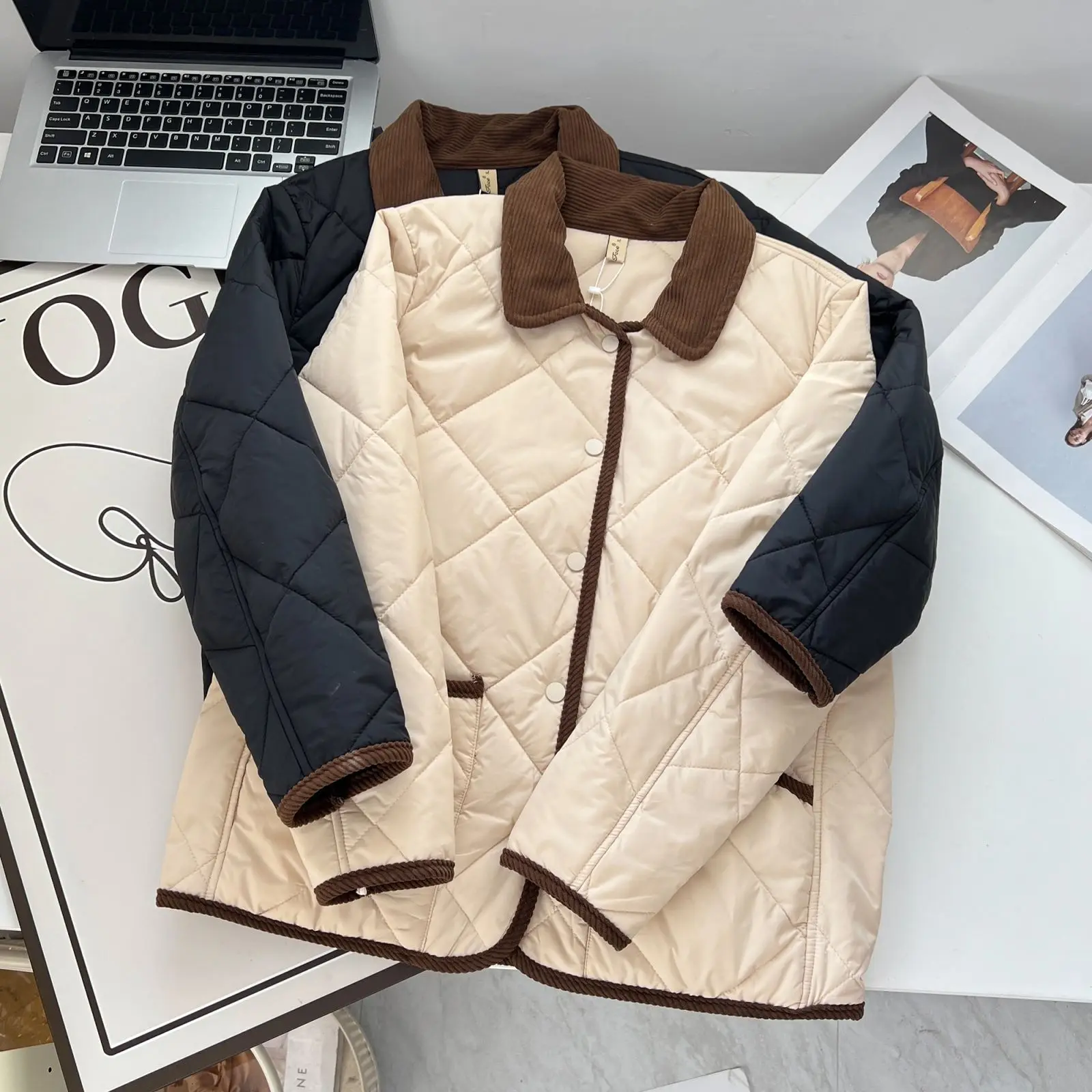 Women's Cotton-Padded Coat, Casual Warm Parka, Simple Contrast Color, Lapel, Thin, Plus Size, Autumn and Winter, 100kg