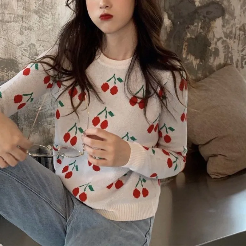 

Autumn New Japanese Cut Lolita Lolita Style College Style Cherry Embroidery Long Sleeved Pullover Round Neck Loose Knit Sweater