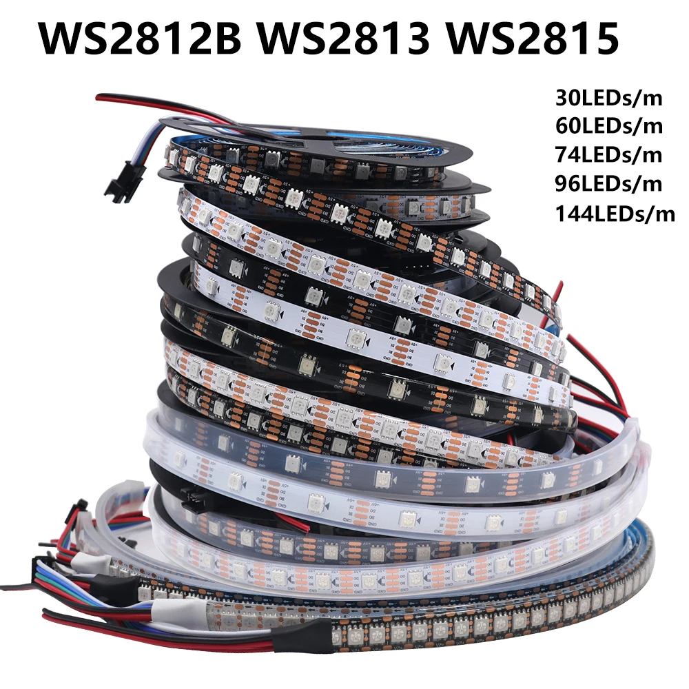 WS2812B WS2813 WS2815 RGB 30/60/74/96/144LEDs/M Smart Pixels RGB LED Strip 5V 12V Individually Addressable Tape Light IP30/65/67