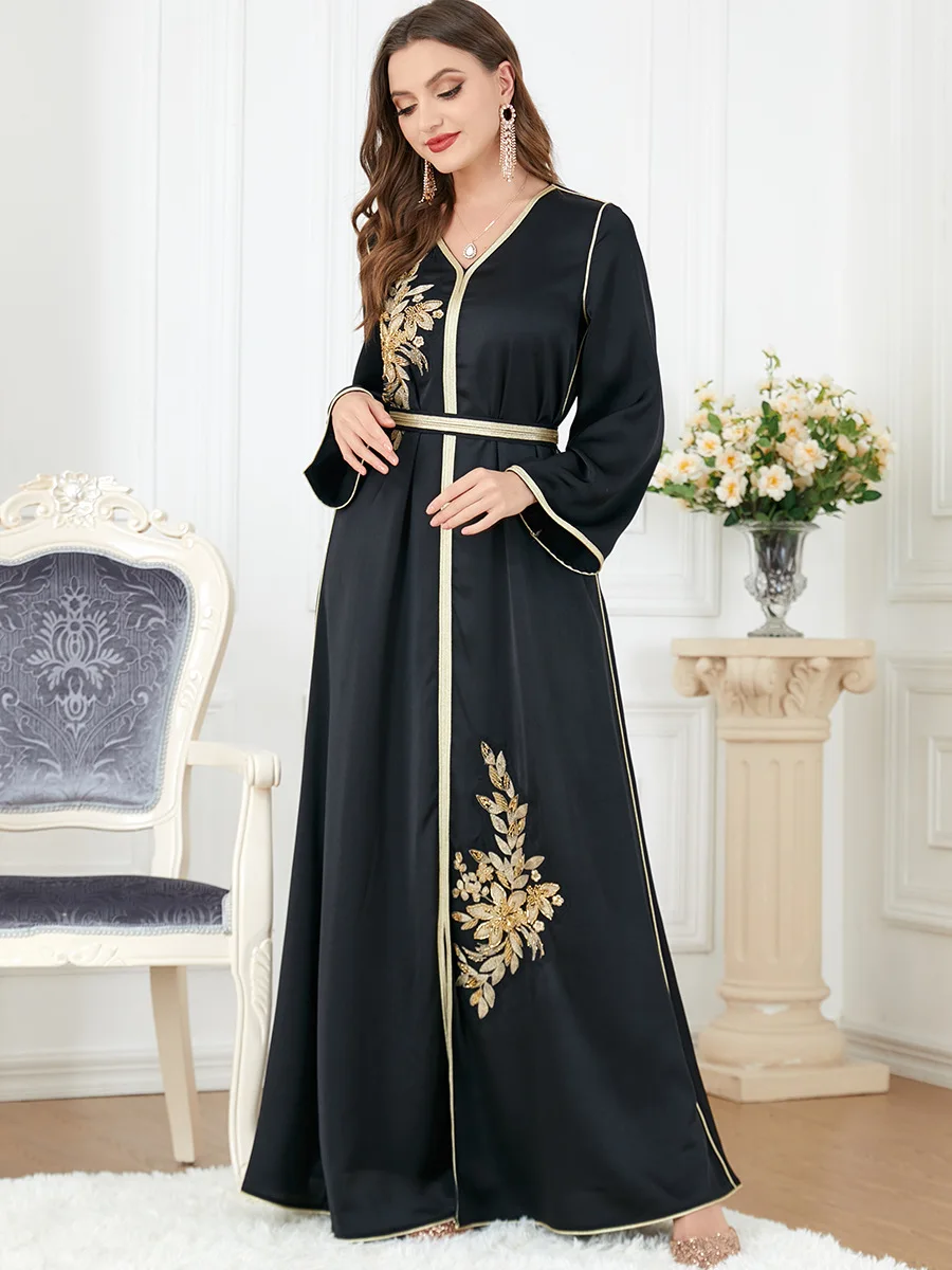 Muslim Dress Women Abaya Belted Embroidery Split Dress Kaftan Turkey Arab  Long | eBay